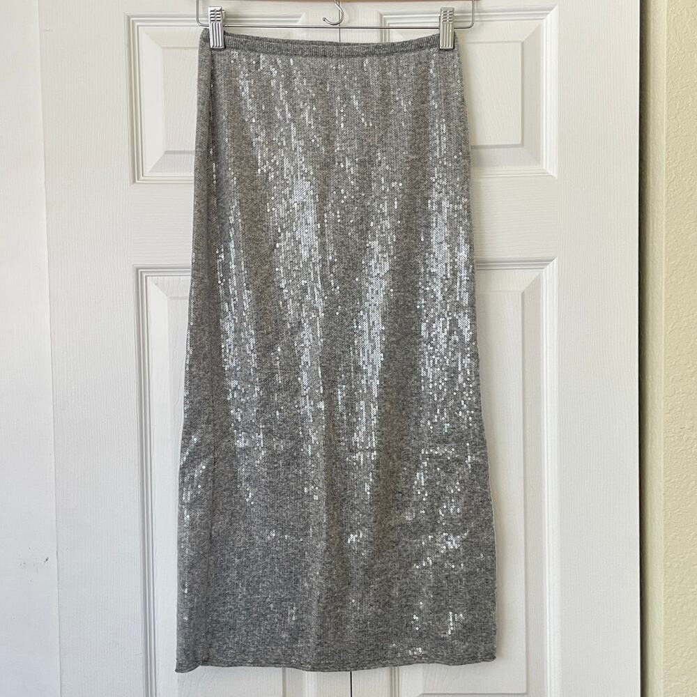 Zara Gray Knit Stretch Sequin Midi Skirt • Size S - Picture 3 of 5